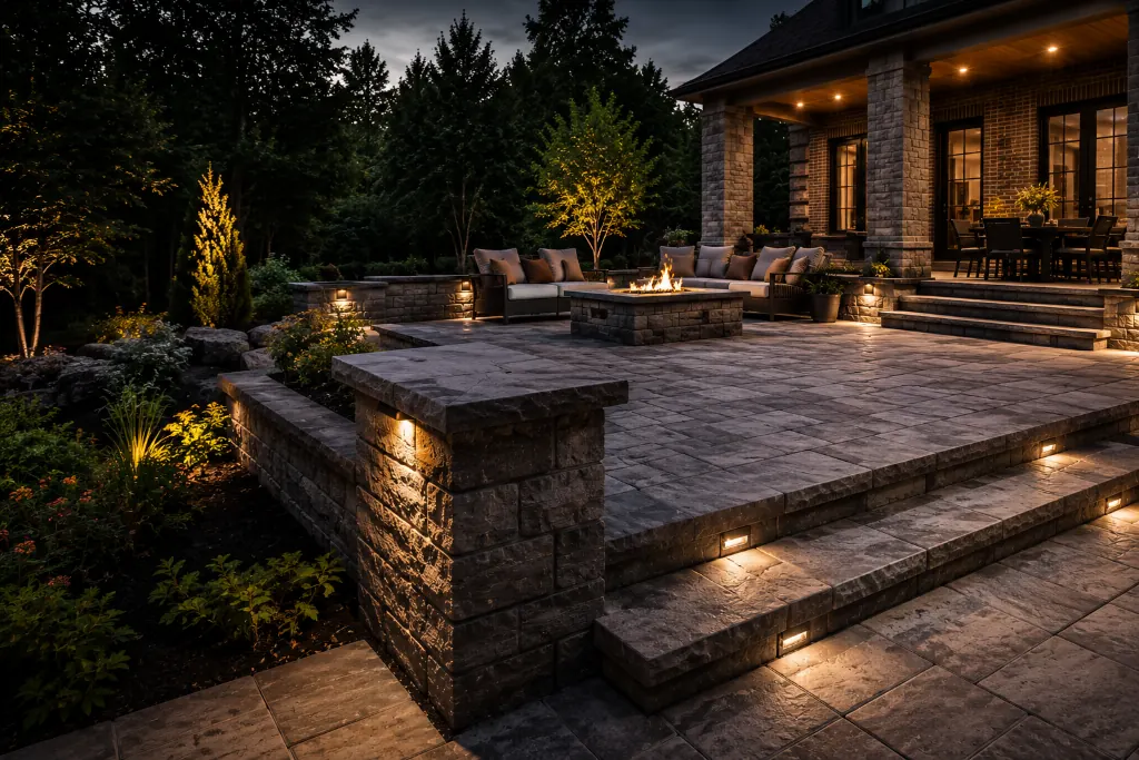 Premium masonry patio and stone work at night